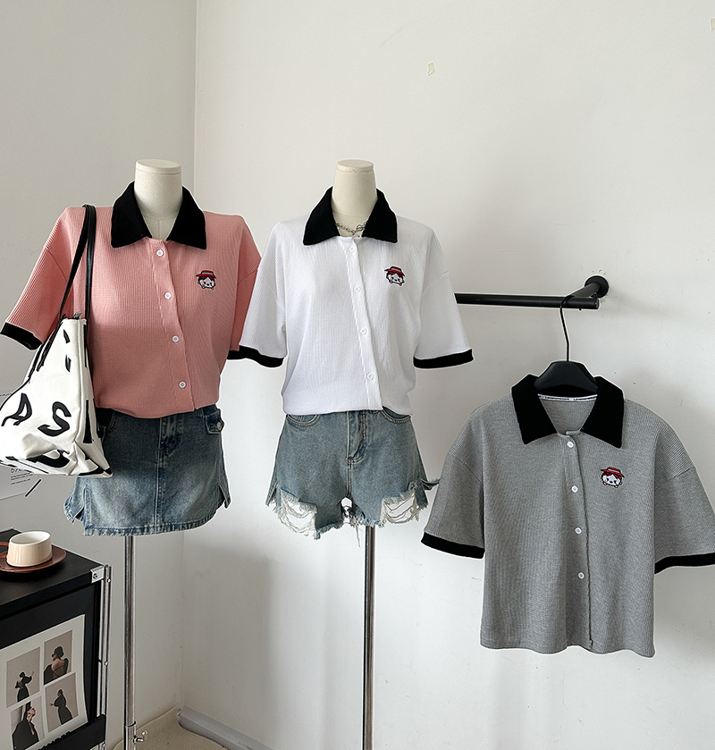 實拍華夫格包領夏季新款polo短袖t恤女潮