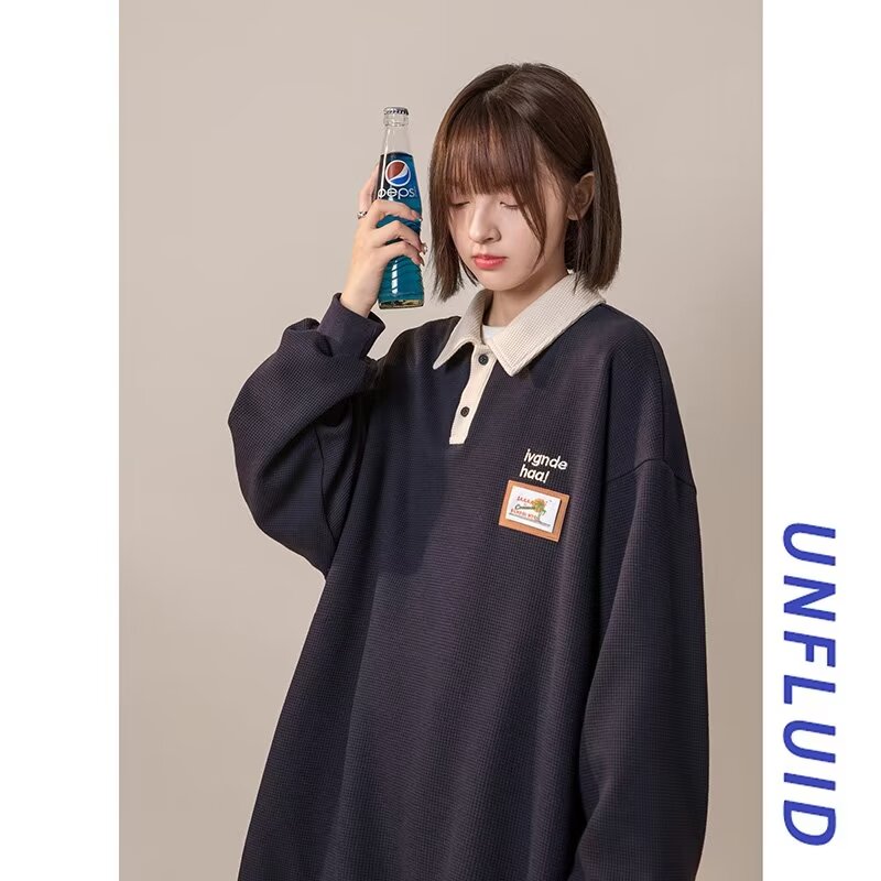 美式復古vintag衛衣女春秋季寬鬆polo衫情侶裝華夫格翻領學生外套