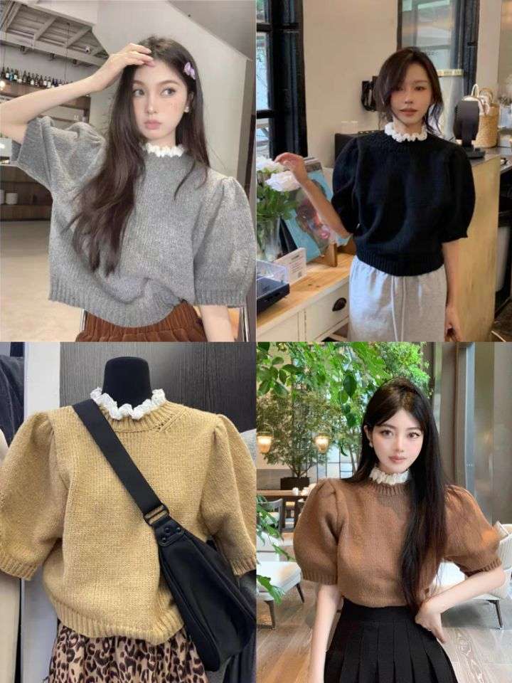 蕾絲半高領針織短袖女夏季新款設計感洋氣別致套頭休閒短款上衣