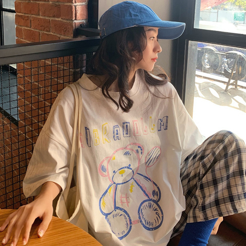 實拍#220克純棉後包領 小熊短袖t恤女夏寬鬆韓版半袖上衣潮