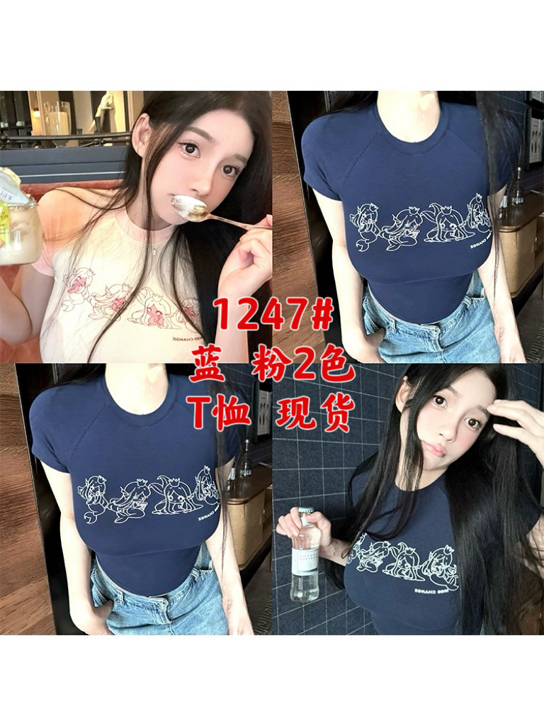 MISS CHANGE人魚baby2024原創減齡印花卡通嗲欲修身短袖T恤