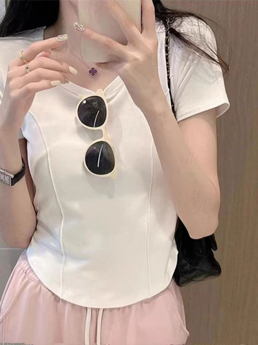 仿棉螺紋正肩短袖t恤女夏季新款設計感小眾別致修身顯瘦短款上衣