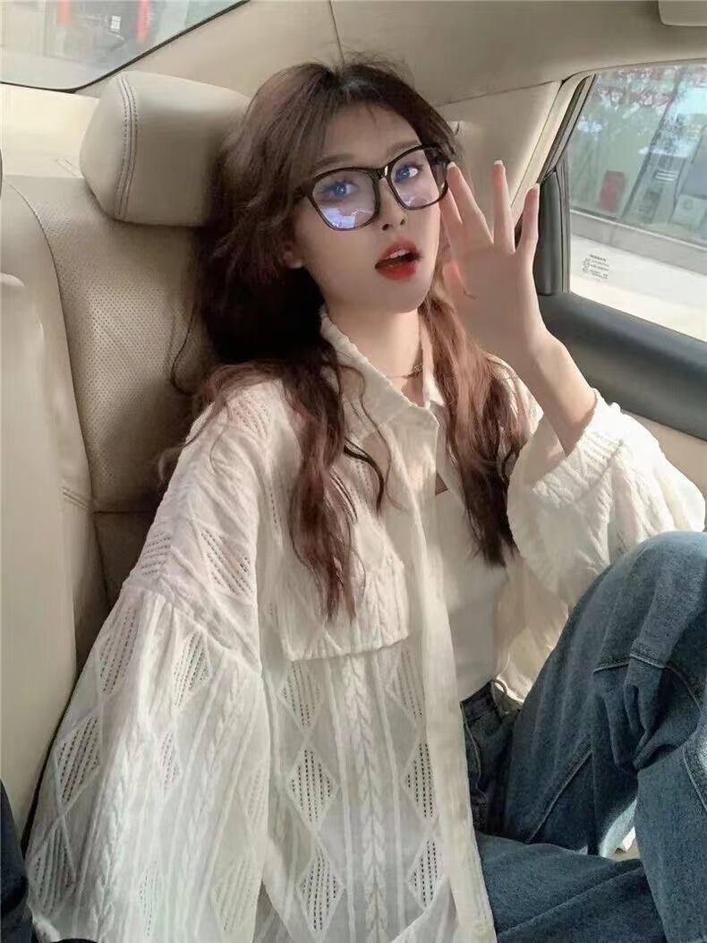 春夏季休閒鈎花鏤空襯衣設計感小眾女顯瘦襯衫法式長袖防曬上衣