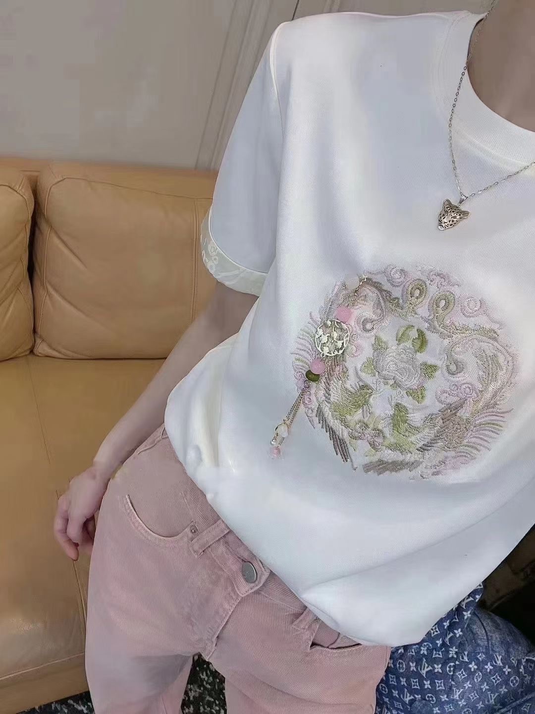 歐洲站24春夏重工刺繡釘珠龍鳳圓領短袖棉T恤衫簡約復古百搭上衣