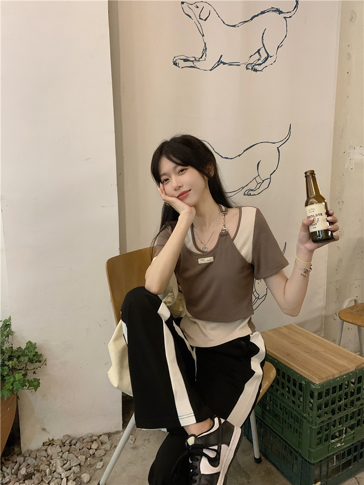 250克螺紋新款不規則假兩件時尚百搭T恤設計感辣妹短袖修身女上衣