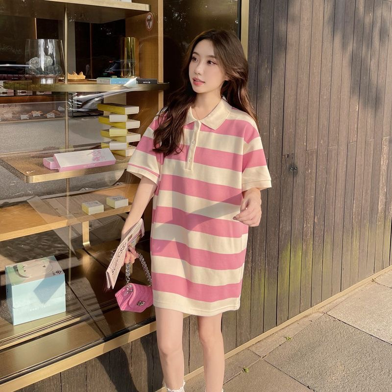 French sweet pink striped polo shirt shift dress for women 2024 summer Korean style loose casual style skirt