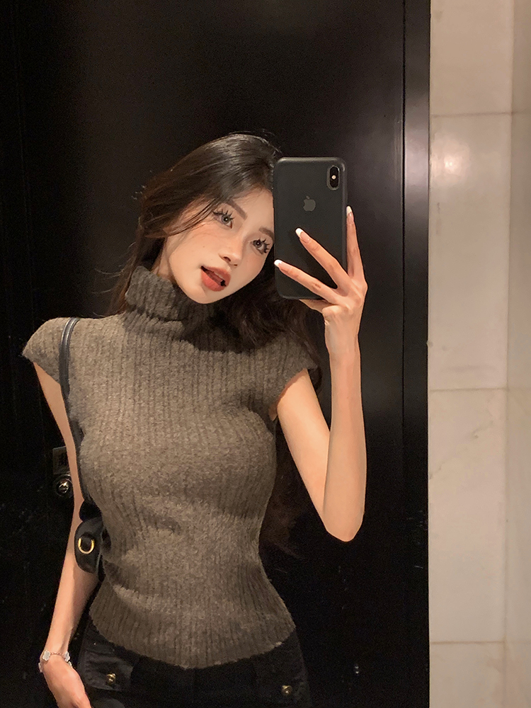 灰色高領針織衫女春季修身緊身短袖內搭毛衣打底衫小個子短款上衣