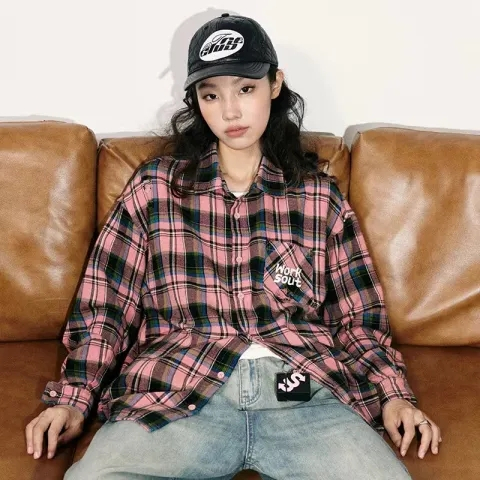 新款美式復古法式格子長袖襯衫女春秋薄款設計感小眾上衣外套