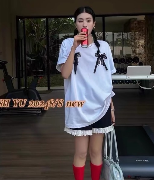 2024春季新款辣妹蝴蝶結前後印花拼接蕾絲短袖T恤上衣女
