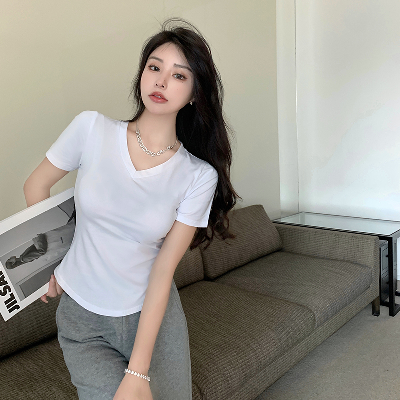 Real shot Summer new V-neck pure cotton slim fit T-shirt for women pure desire versatile design niche top ins