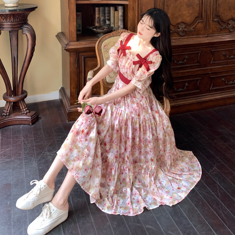 Plus size women's forest sweet floral dress summer French gentle style girl tea break dress waist princess dress