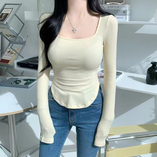 純欲性感顯胸方領長袖t恤女修身打底衫上衣 260克莫代爾棉