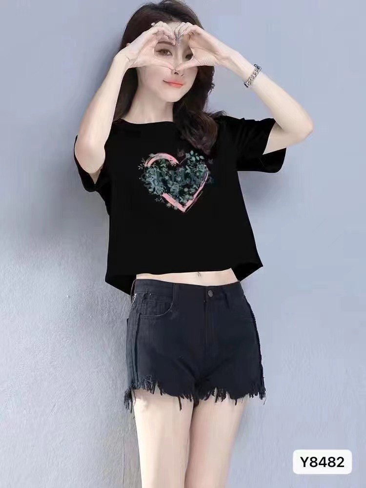 夏季新款小清新圓領愛心印花百搭短袖上衣女