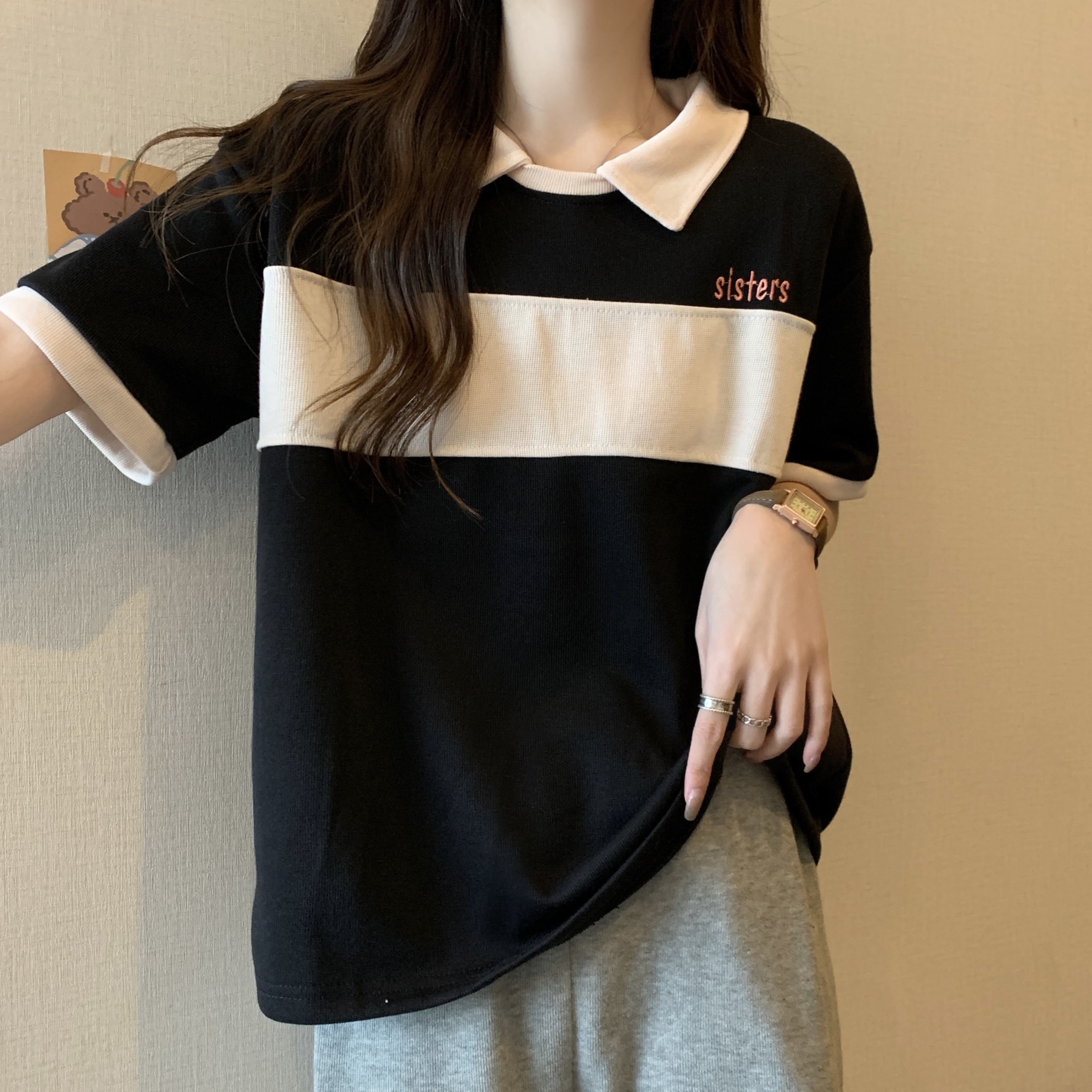 實拍米呢35棉2024春季新款短袖撞色Polo衫學院寬鬆百搭T恤上衣女