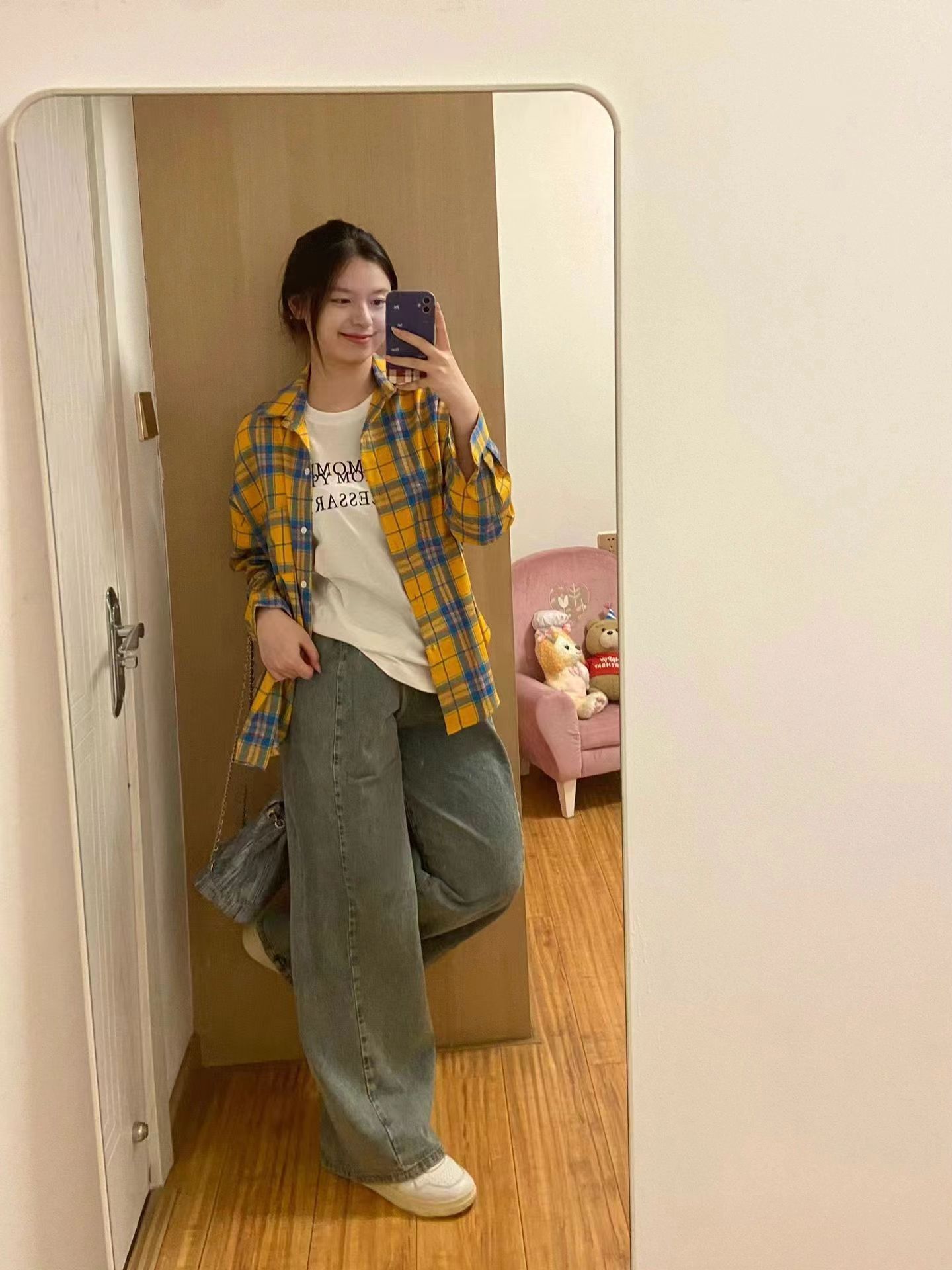 法式黃色格子襯衫襯衣外套女春秋季2024年新款寬鬆小個子長袖上衣