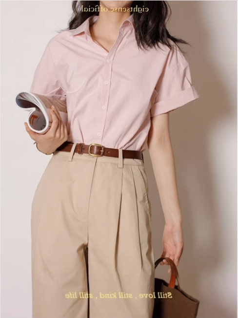 粉色短袖棉麻襯衫女夏季設計感小眾高級感亞麻襯衣小個子職業上衣