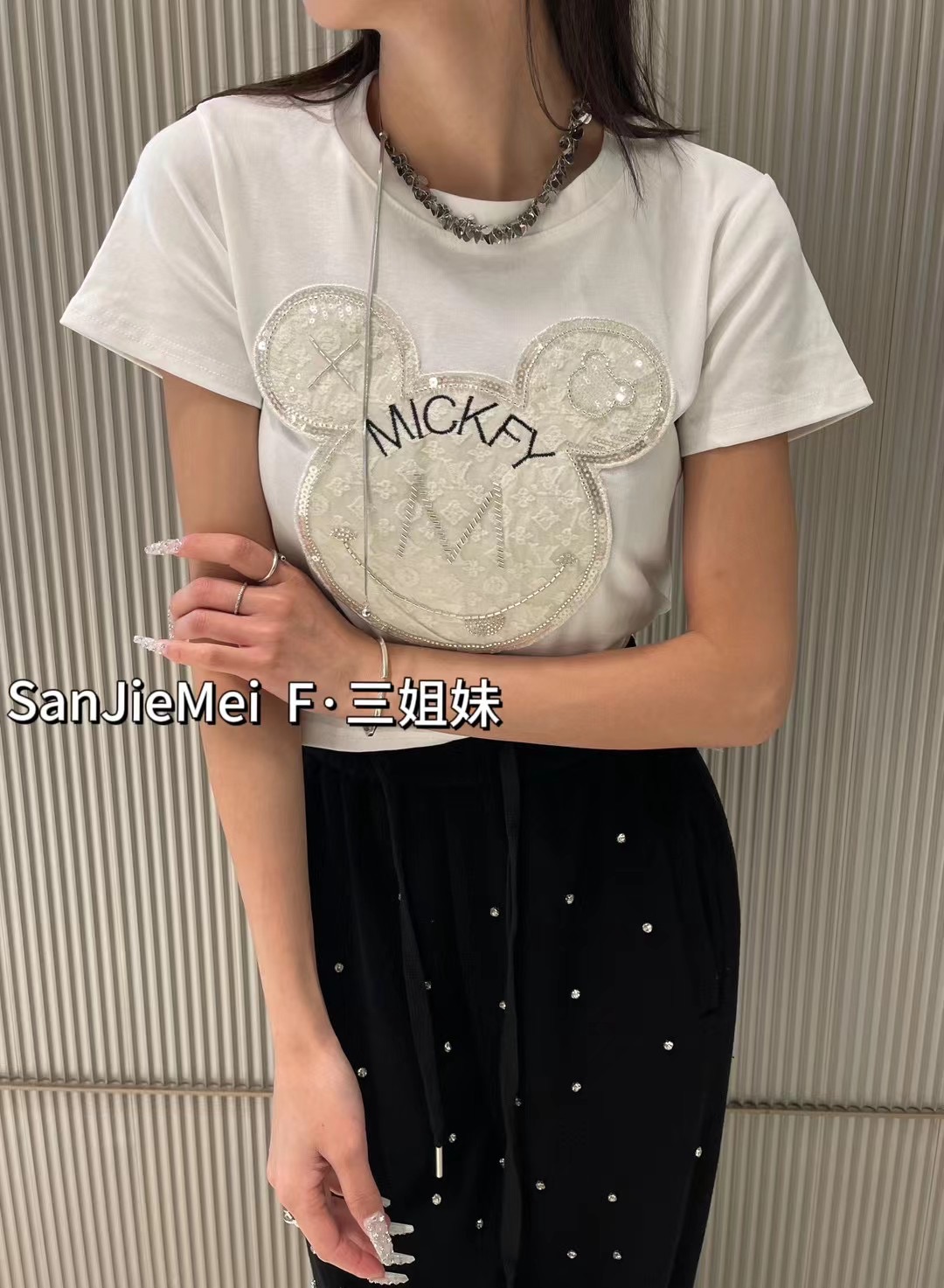 純棉短袖t恤女裝夏裝2024新款百搭卡通米奇刺繡半袖上衣