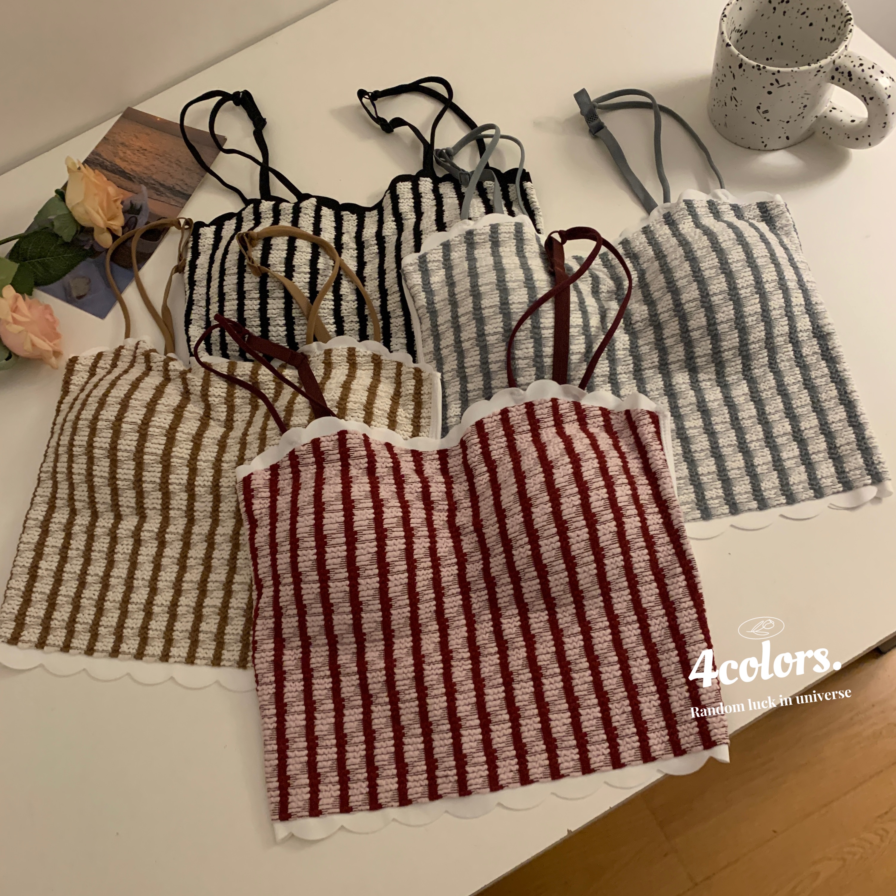 Actual shot of the new contrasting color rainbow bubble striped camisole with breast pads and a hot girl's top for a beautiful back