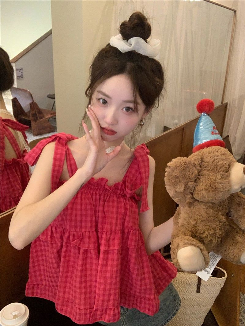 夏季小甜心又欲又純時尚新款系帶格子蝴蝶結甜美百搭吊帶上衣