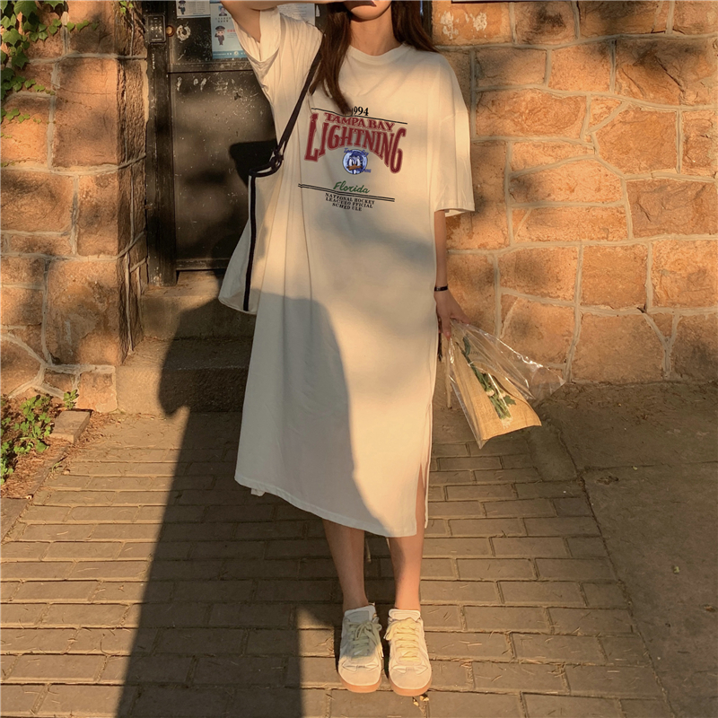 實拍6535精梳棉夏季新款中長款寬鬆短袖連衣裙女