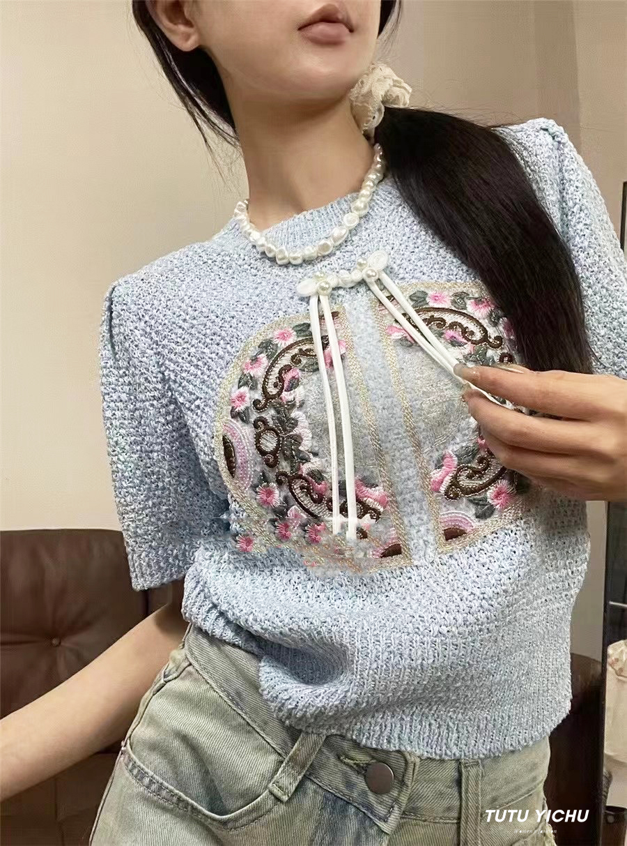 2024春季新款洋氣高級感短袖針織衫新中式國風復古盤扣小眾上衣潮