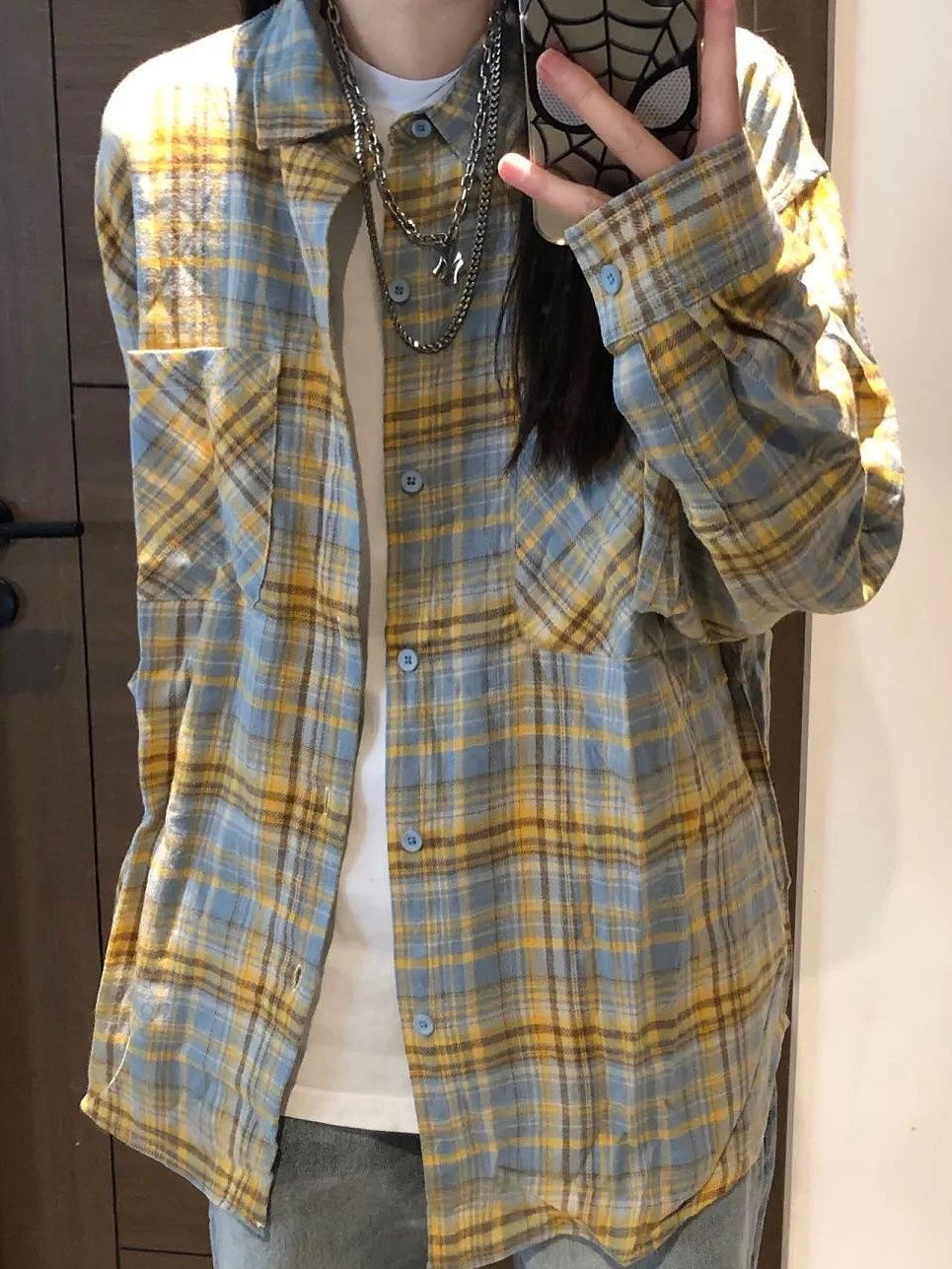 多巴胺輕奢高級純棉格子襯衫女內搭疊穿寬鬆休閒顯瘦長袖襯衣外穿