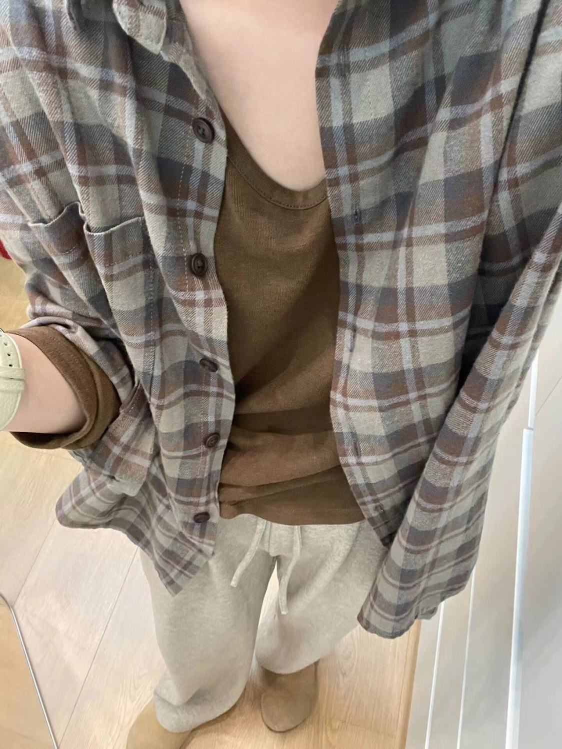 復古慵懶風chic高級感磨毛格子襯衫女內搭寬鬆百搭中長款襯衣外穿