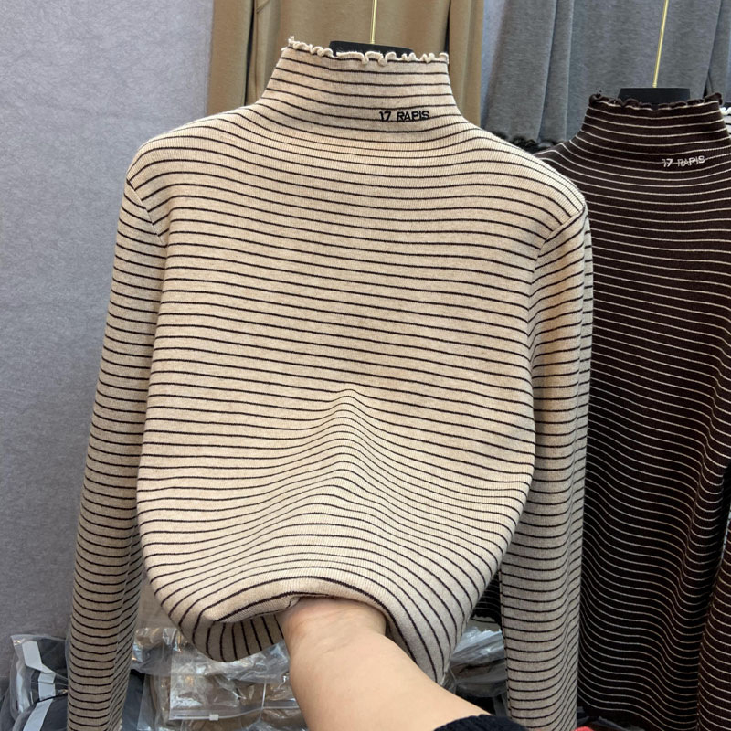6922# 德絨半高領條紋長袖內搭T恤打底衫女秋冬木耳邊