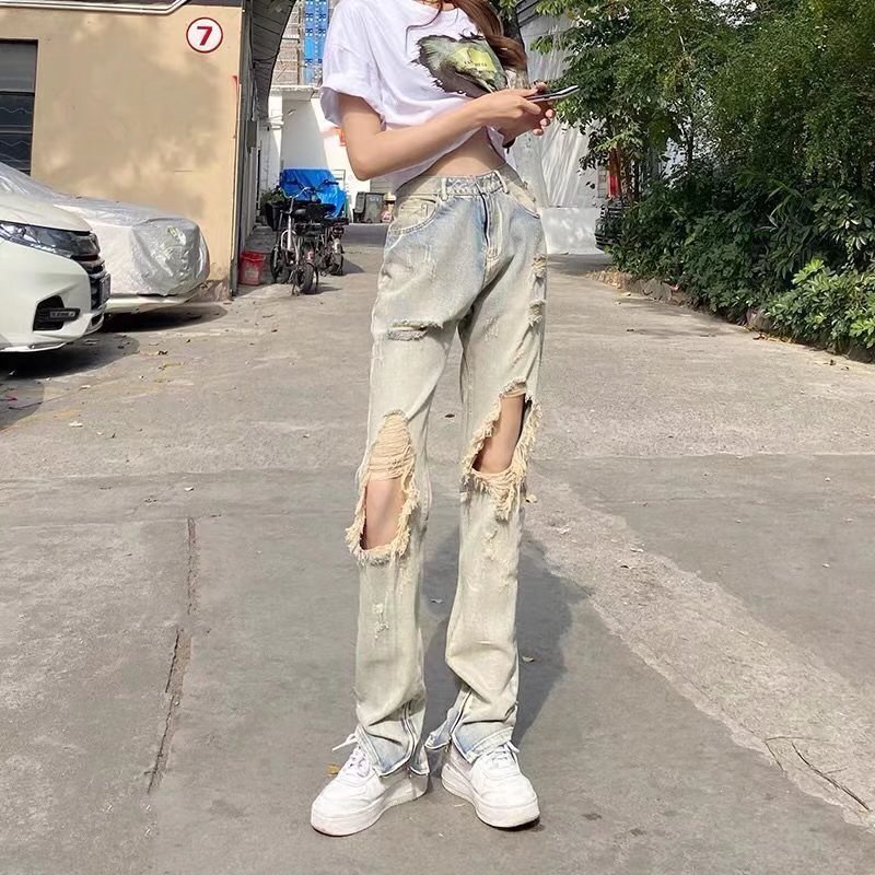 破洞網紅牛仔褲女ins超火2024高腰顯瘦修飾腿型夏潮今年流行微喇
