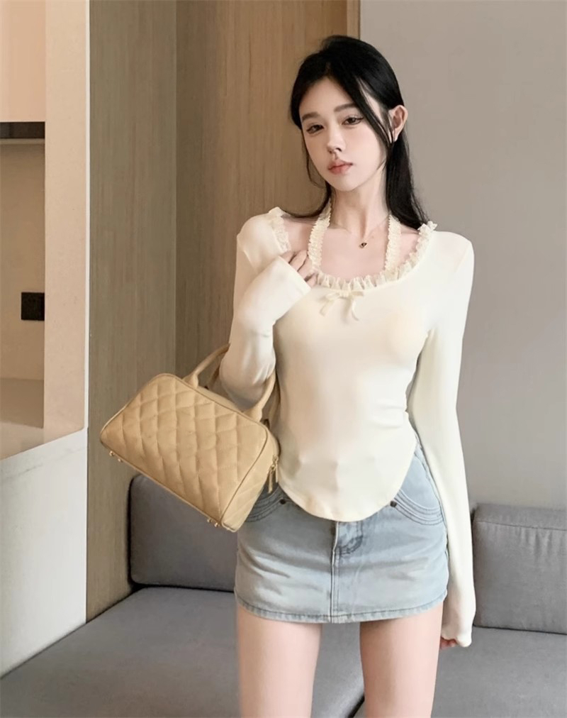 1×1羅紋德絨蕾絲花邊蝴蝶結掛脖長袖T恤女秋冬打底衫