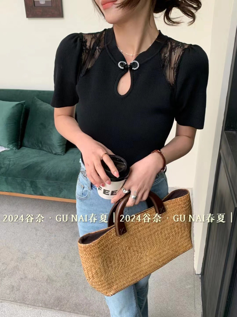 十三行春裝女2024新款新中式國風短袖上衣設計感網紗拼接針織衫