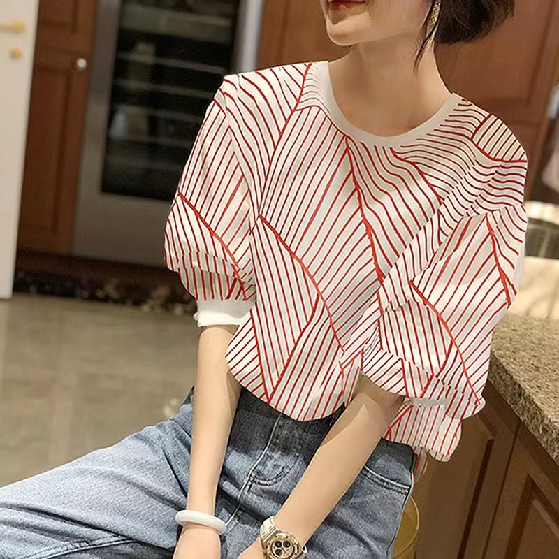 紅色條紋襯衫女士夏季薄款短袖上衣泡泡袖新袖寬鬆2024新款歐洲站
