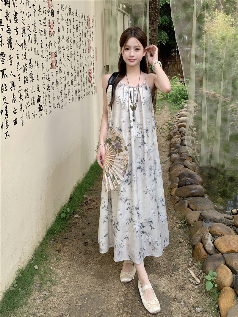 新款韓版寬鬆時尚扎染串珠吊帶連衣裙女    實拍