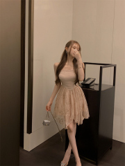 實拍~抹胸連衣裙女高級感氣質名媛收腰露肩修身珠片網紗裙子