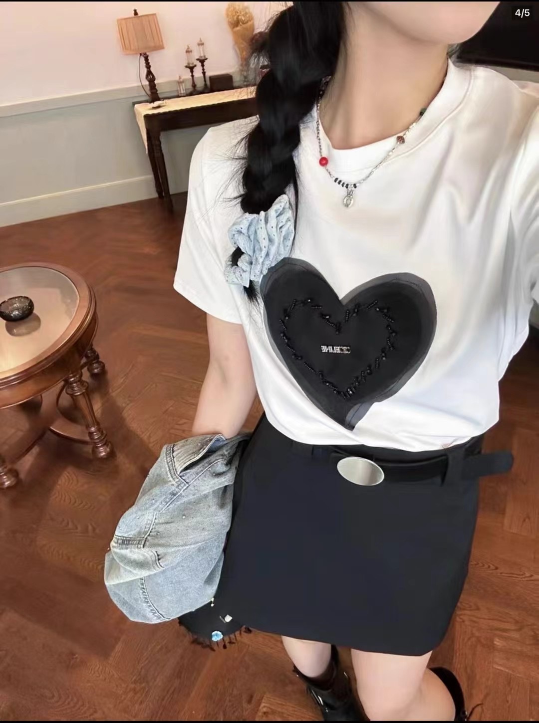 重工歐根紗愛心釘珠短袖T恤女2024春夏時尚洋氣寬鬆圓領女上衣