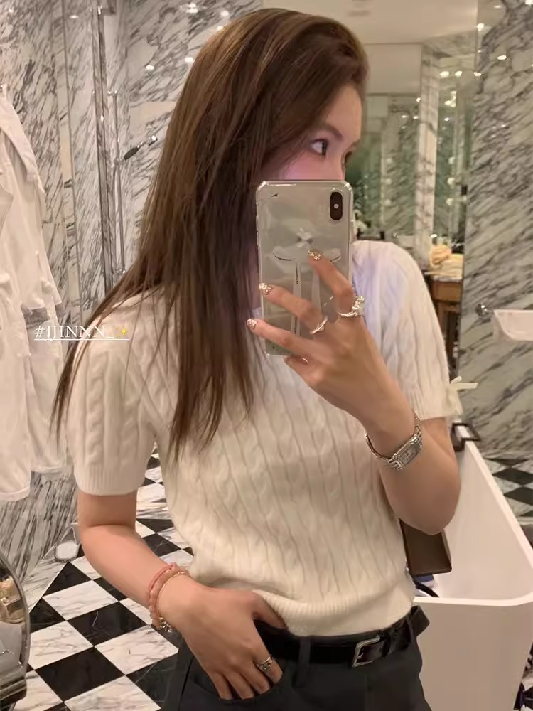 HEY黑哥 元英歐尼 高密高織工藝女春氣質復古麻花短袖針織衫GIRL