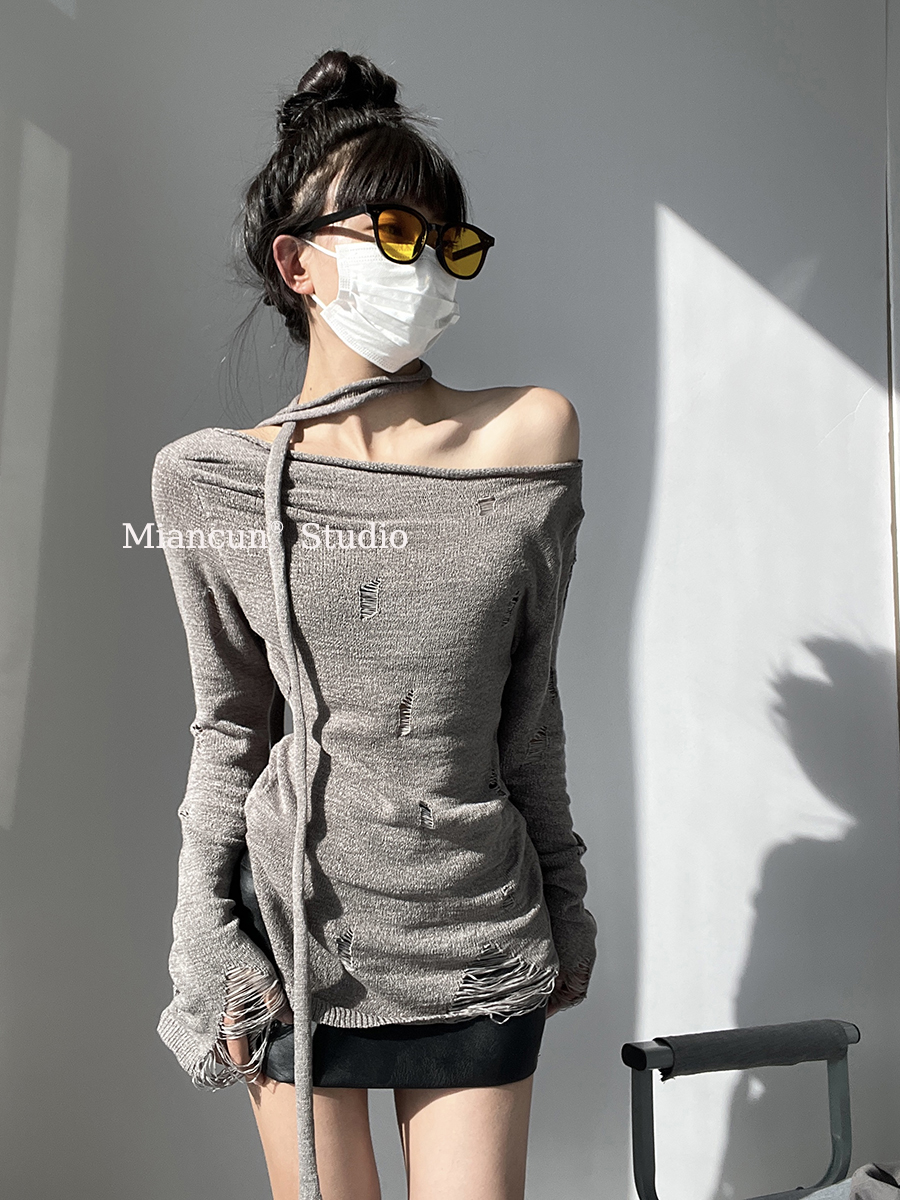廢土風破洞鏤空褶皺針織衫性感罩衫上衣女美式辣妹復古慵懶毛衣