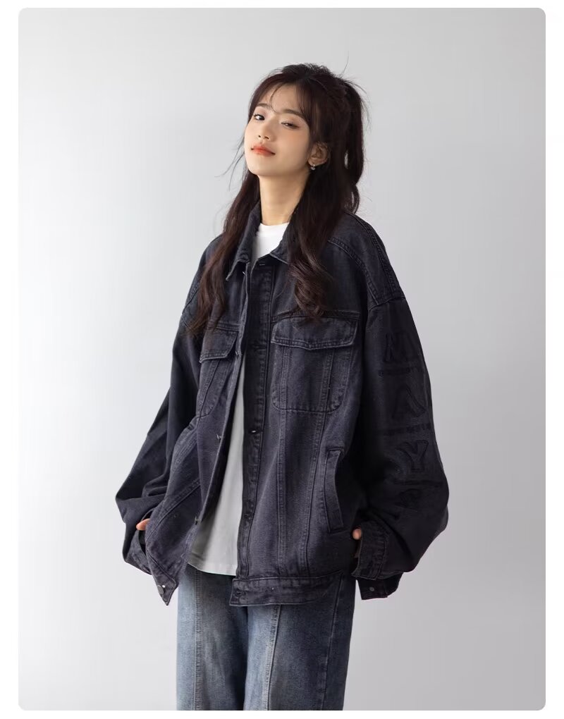 黑色牛仔外套女春秋款復古高級感美式慵懶chic寬鬆休閒夾克