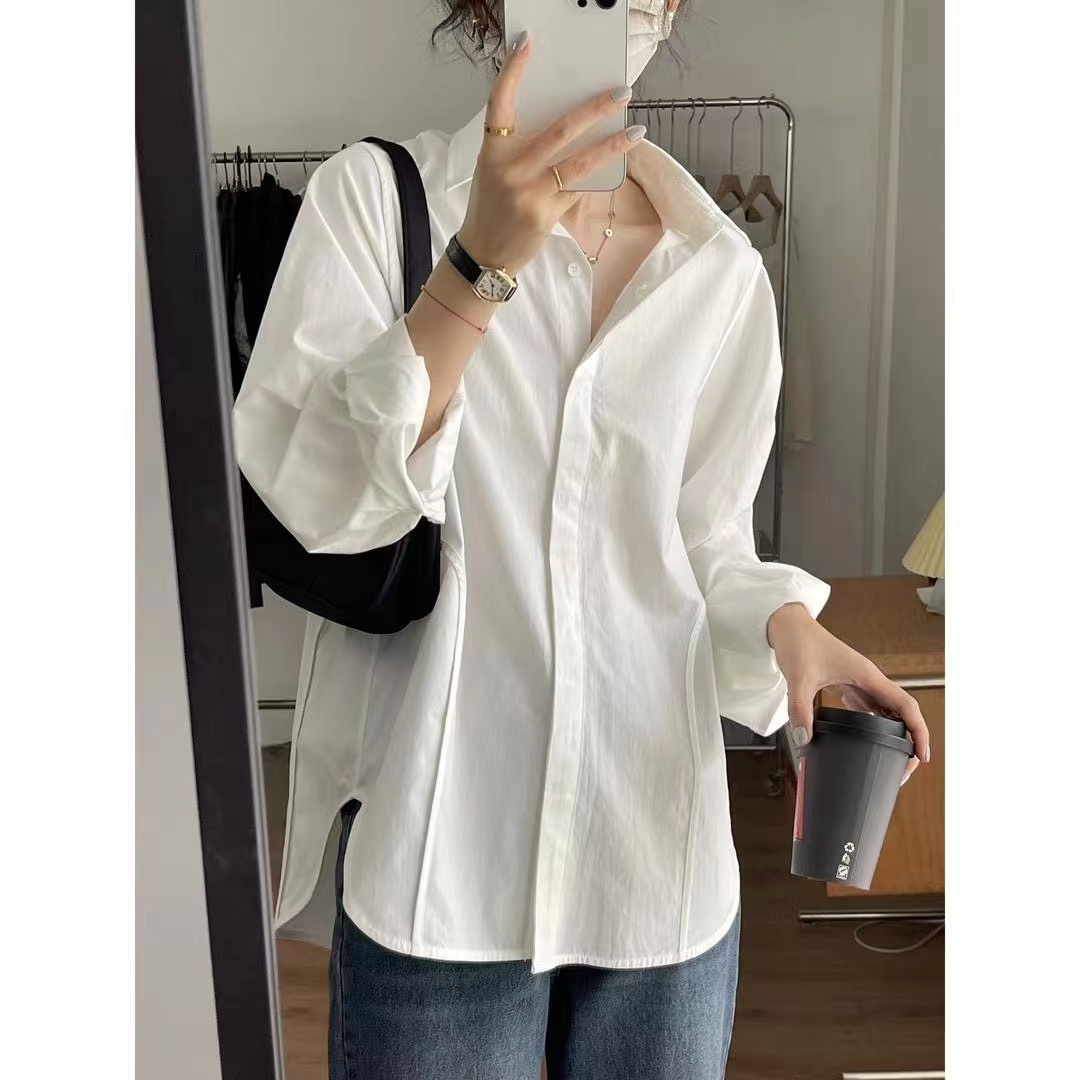 白色襯衫女春秋季設計感小眾小個子襯衣法式別致長袖上衣