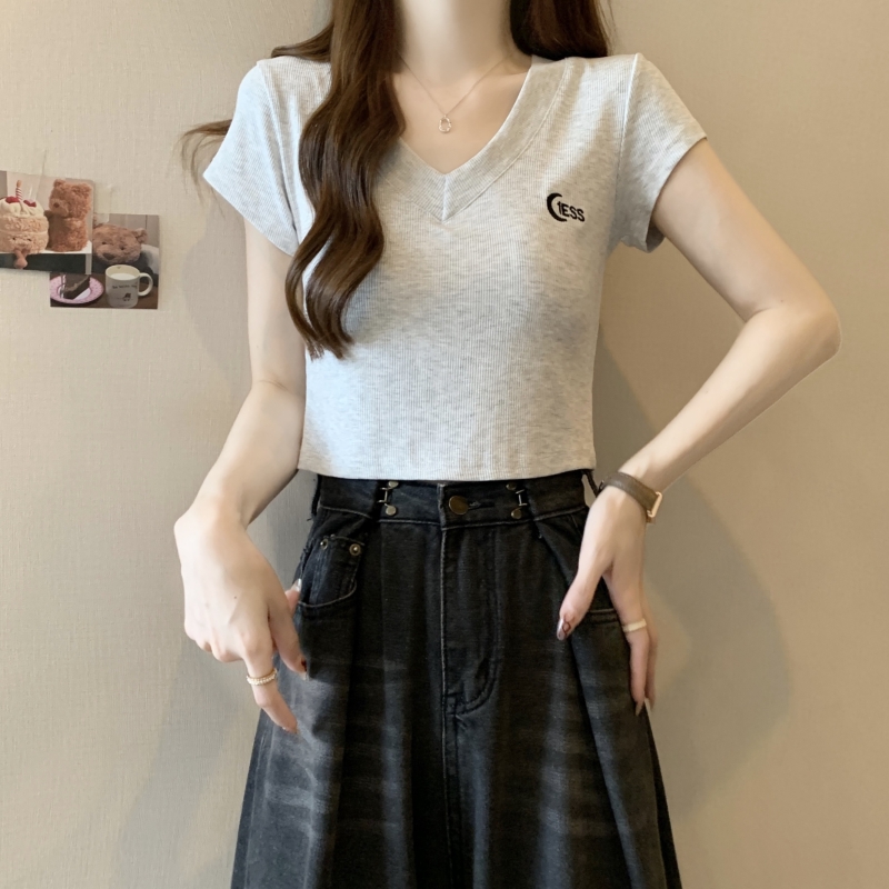 實拍  40支純棉 2024夏裝刺繡字母高腰短款短袖T恤女ins