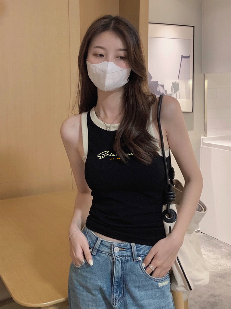 實拍辣妹撞色美背背心女夏季韓版設計感修身顯瘦字母印花上衣
