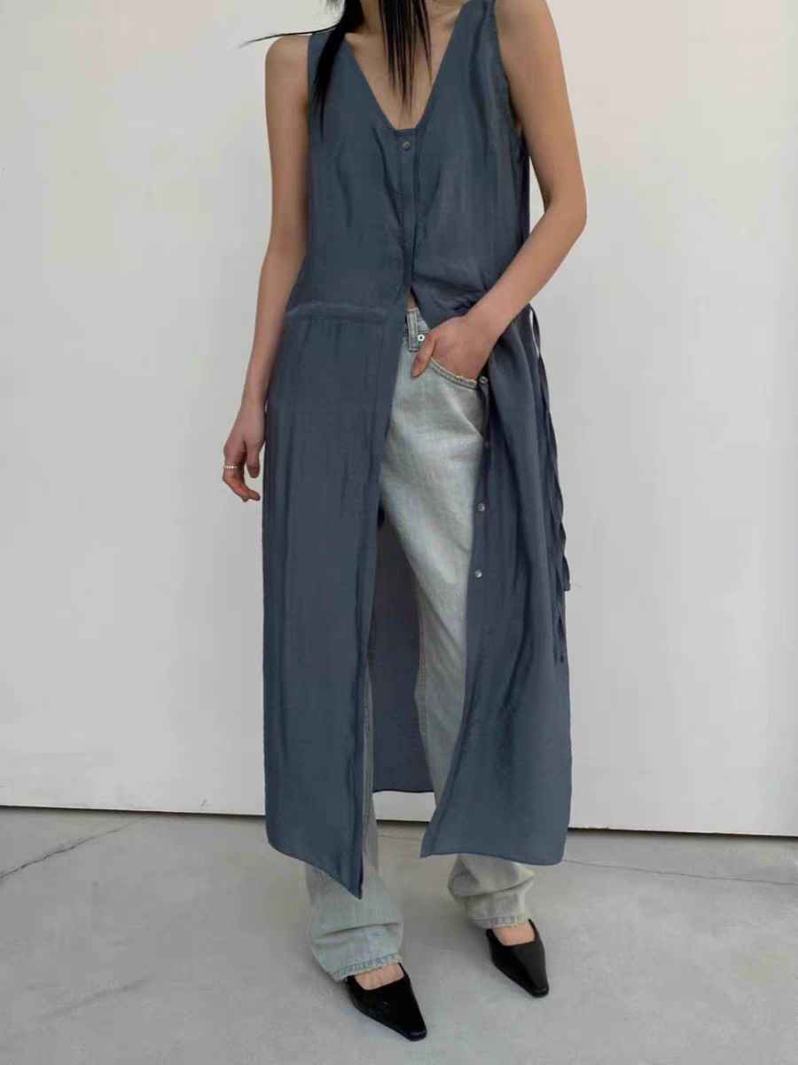South Korea Dongdaemun 2024 Spring Western Style Loose V-neck Long Buttoned Suspender Dress for Women