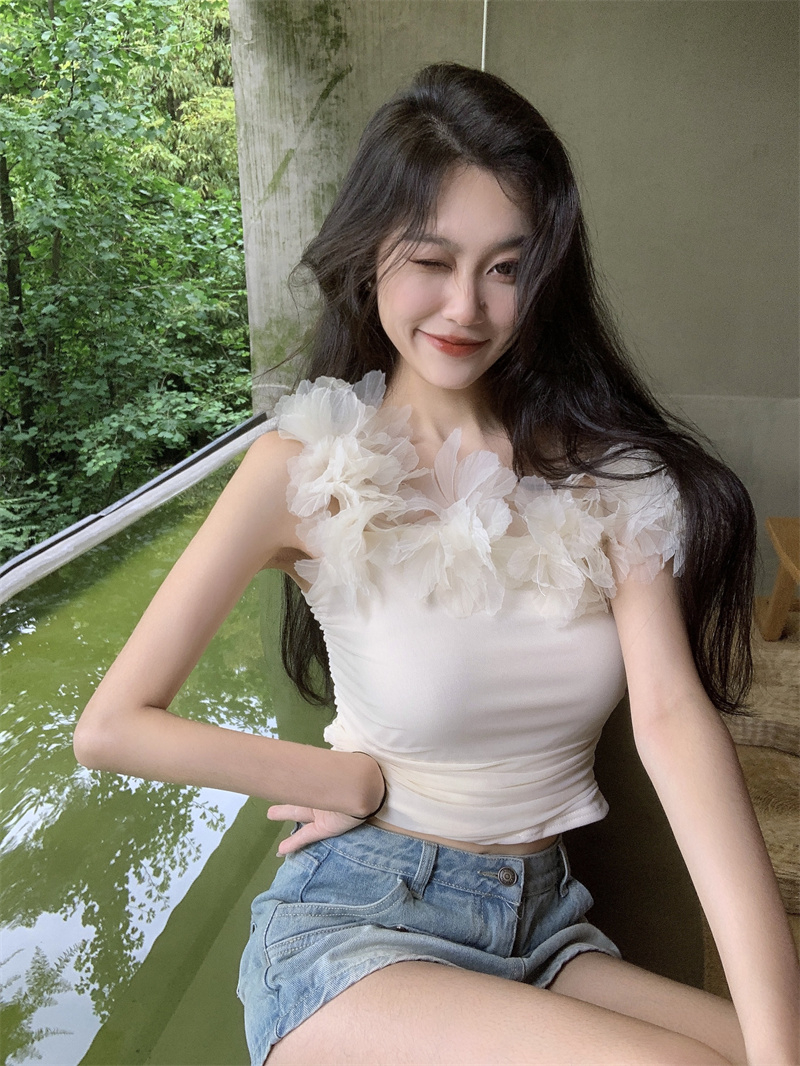 夏季立體花朵抹胸性感一字領短款上衣吊帶背心