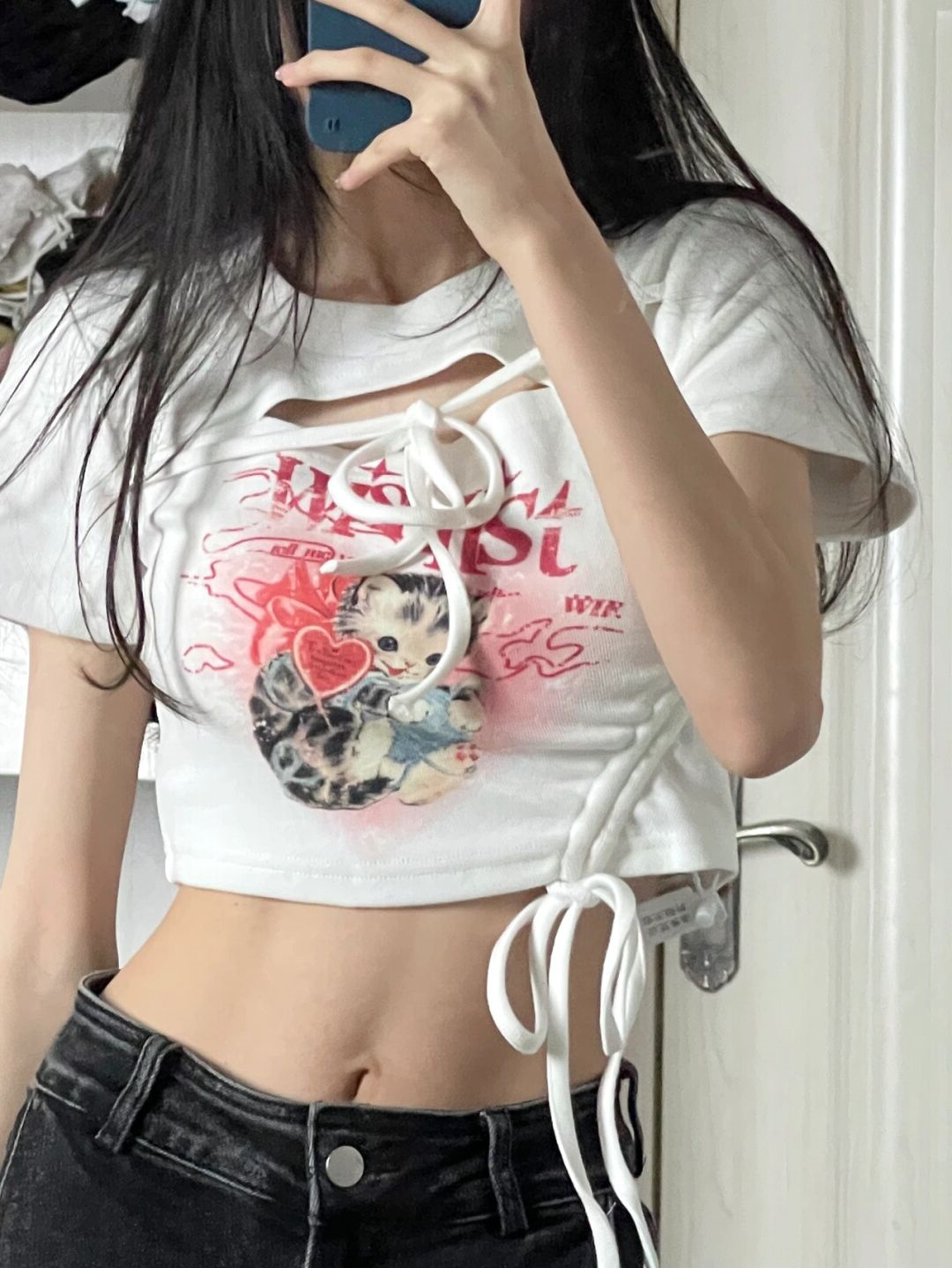 棉 甜辣純欲風別致chic辣妹鏤空短款上衣女夏小眾修身抽繩T恤