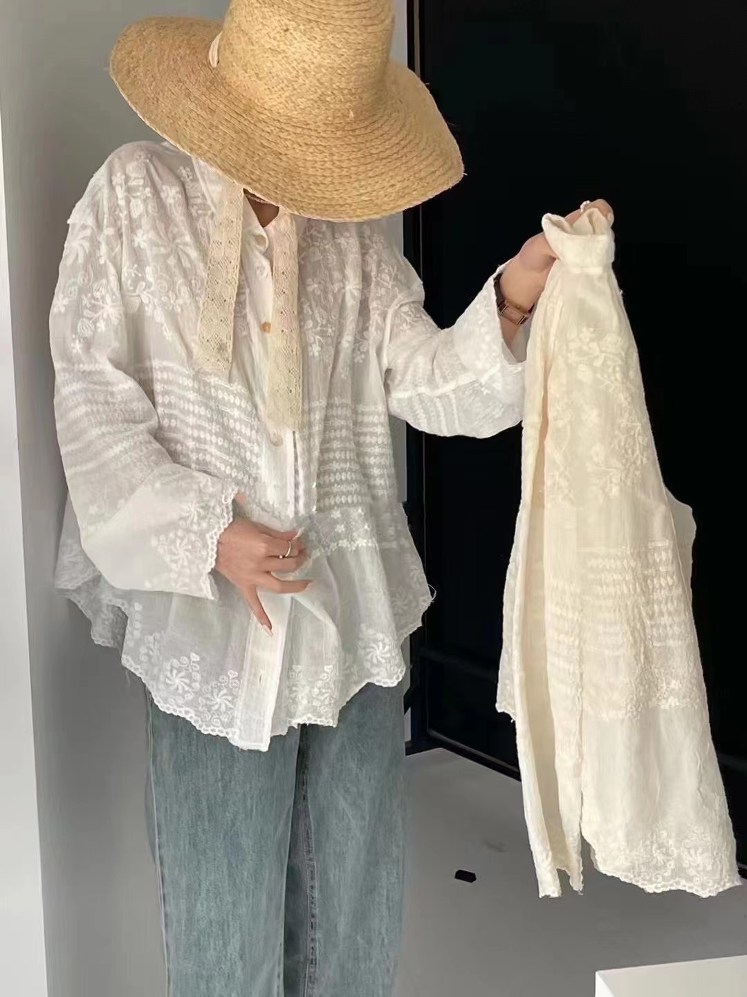 2024韓國東大門高級感重工刺繡襯衫女春秋長袖純色氣質大碼開衫