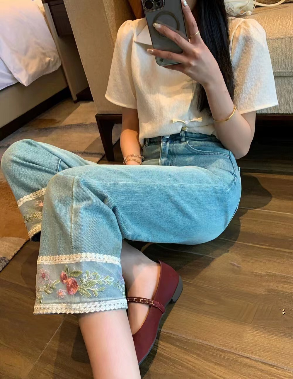 春上新!蕾絲仙女直筒闊腿百搭牛仔褲