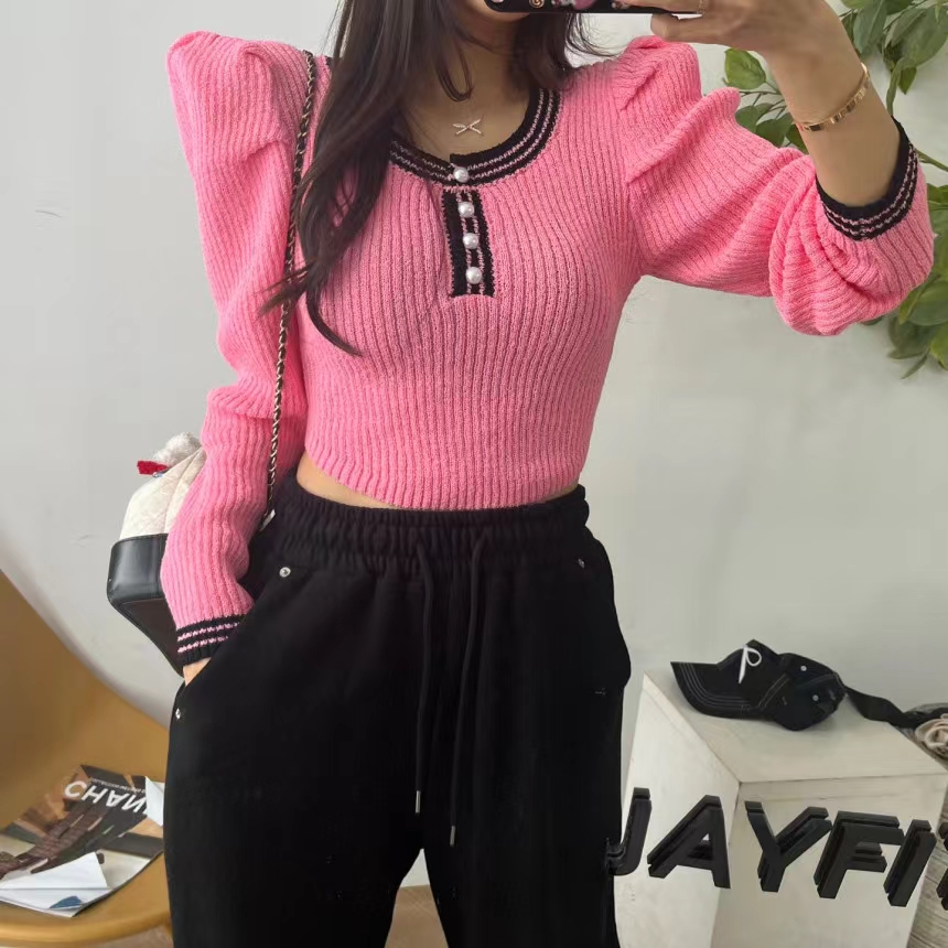 South Korea's Dongdaemun spring and summer fashion color-blocked round neck pullover high waist half-button puff sleeve short sweater top
