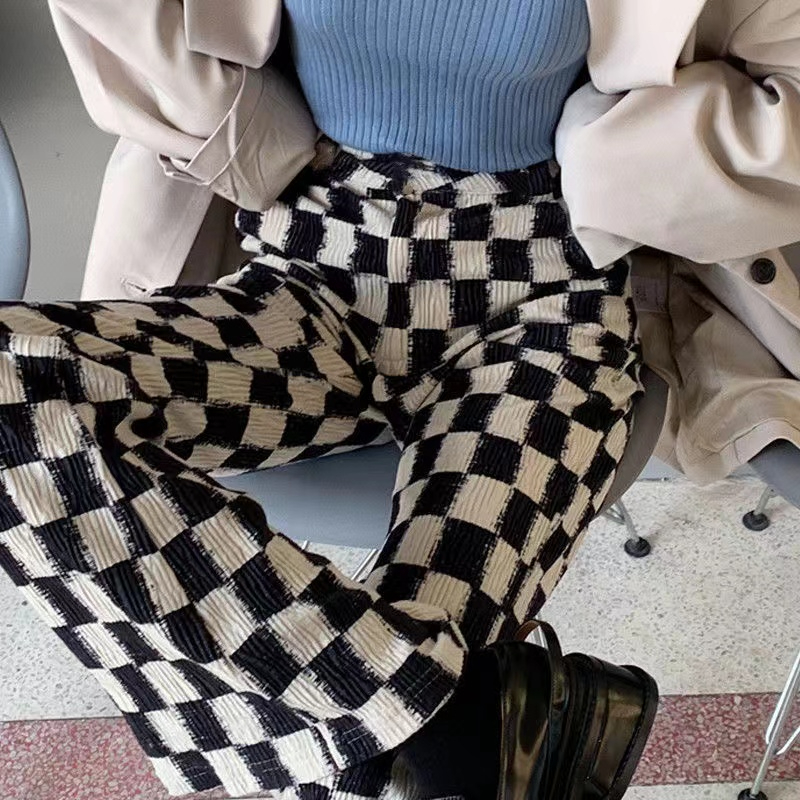 闊腿棋盤格微喇褲子女早秋新款設計感小眾高腰百搭直筒休閒褲