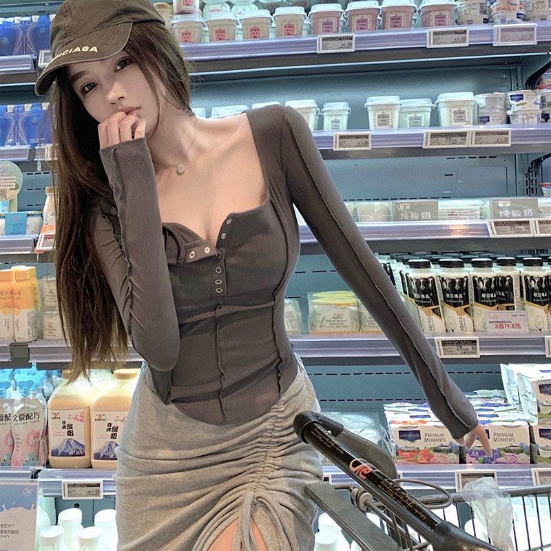 新款辣妹純欲風長袖T恤魚骨上衣女設計感小眾短款性感修身打底衫