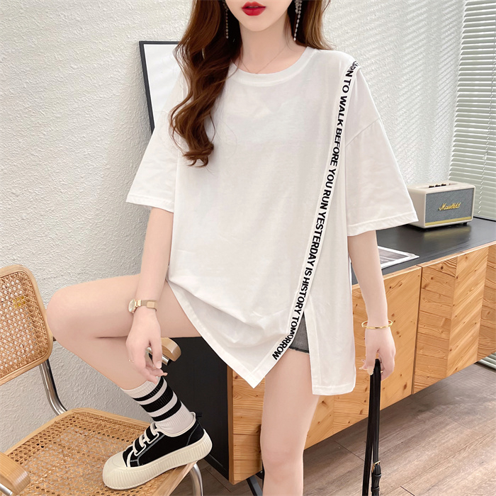 實拍100%棉 後包領開叉印花大碼上衣夏季中長款短袖T恤女